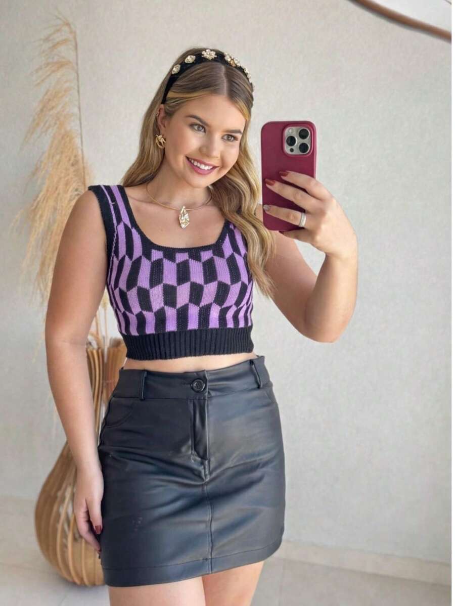 Women's Cropped Knit Top With Diamond Check Print, Casual Summer Fashion, Comfortable, Lavender - 紫丁香色 - 查看 1