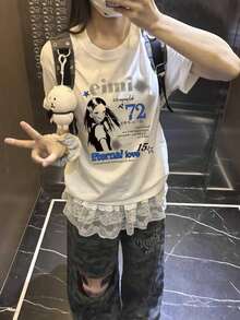 Y2K日系女款夏季动漫少女印花短袖T恤，宽松圆领甜美辣妹风休闲T恤 白色 - 白色 - 查看 3