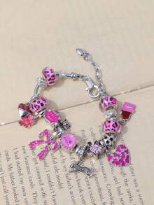 1条粉色豹纹蝴蝶结爱心吊坠手链，时尚豹纹手链，粉色豹纹樱花爱心手链，可爱巧克力爱心手链 - 銀色 - 查看 7