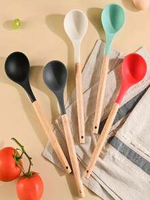 1/2pcs Wooden Handle Heat-Resistant Silicone Soup Ladle, Deep Bowl For Home Use, Non-Stick Pot Cooking Utensil - View 1