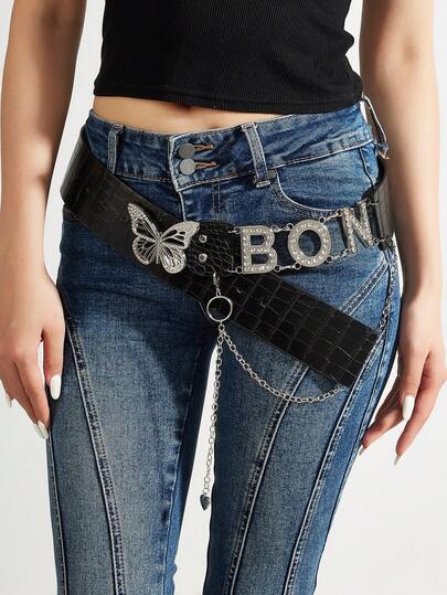 1条优雅简约休闲风水钻蝴蝶字母金属黑色真皮腰带，女士适用，适合搭配牛仔裤、休闲装、度假装、日常装、派对装、户外活动装、礼物、生日装，四季皆宜，校园风配饰。