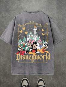 Disney Disneyworld 1971 Mickey Friends Graphic Oversized T Shirt, Vintage Washed Cotton Short Sleeve Front & Back Print Streetwear Tee Top - 灰色 - 查看 2