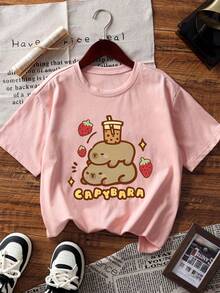 Set de 3 camisetas de manga corta con estampado de capibara, aptas para niñas preadolescentes en verano - Multicolor - Ver 2