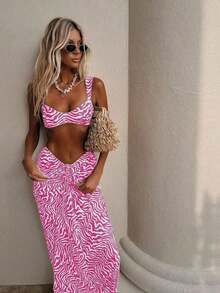 Women's Zebra Print Camisole Top + Drawstring Skirt 2-Piece Set.Skin-Friendly, Breathable Fabric.Square Neckline Camisole Highlights The Neck And Shoulder Lines.Skirt With Front Drawstring Design For Adjustable Fit.Retro Zebra Print Is Fashionable And Unique, Perfect For Vacations And Beach Outings To Create A Vintage Look. - 彩色 - 查看 6