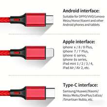 HYUNDAI Nylon Braided 3-In-1 Data Cable, Compatible With Both Apple And Android Phones, Durable And Portable. - Red - View 4