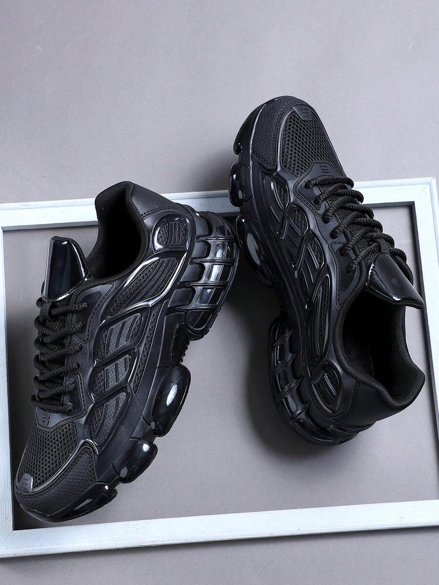 时尚休闲男鞋，经典时尚男士运动鞋系带跑步鞋，个性化男士运动鞋街头休闲鞋 - 黑色 - 查看 1