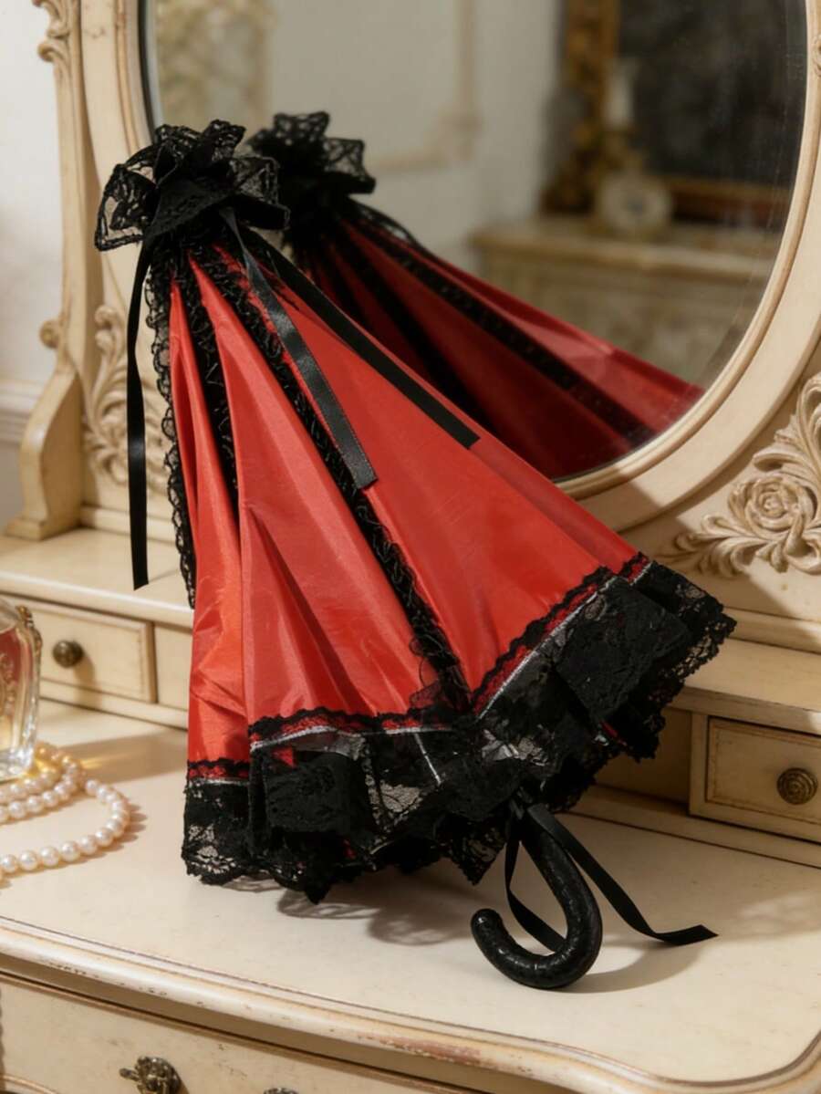 1pc Women's Lolita Lace Trim Black Lace Red Parasol, Wedding Bridal Umbrella - Red - View 1
