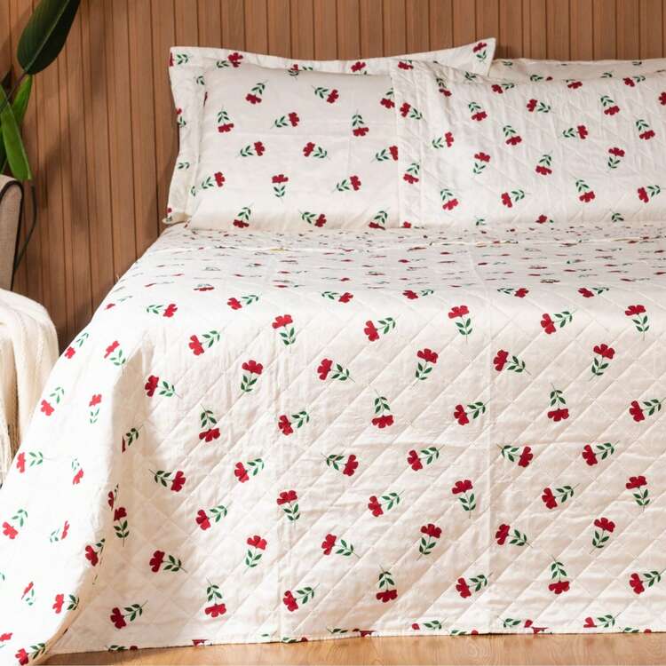 Double Bedspread Coverlet, Standard Size, 3 Pieces, Printed, 180 Thread Count - 紅色花朵 - 查看 3