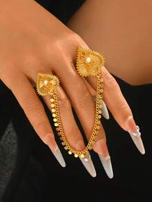 1pc Adjustable Ring, Luxury Style Copper Gold-Plated Heart Chain Connected Finger Ring, Suitable For Women Wedding Party Accessories - Yellow Gold - View 4