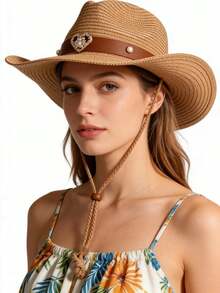 1顶女士水钻心形西部牛仔遮阳帽，宽檐透气防晒帽，适合夏季海滩度假和户外活动 - 愛心珍珠草邊帽 - 查看 4