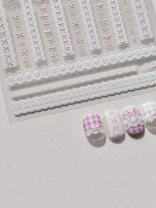 1 hoja de pegatinas de uñas 5D, lazos dulces, encaje rosa, pegatinas de arte de uñas con forma de corazón autoadhesivas, calcomanías de uñas DIY - Multicolor - Ver 2
