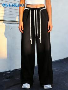 GEMCHO Women's Casual Solid Color Loose Wide Leg Drawstring Sweatpants, Very Fashionable For Street, Campus And Halloween Wear, Black Japanese Style - Black - View 5