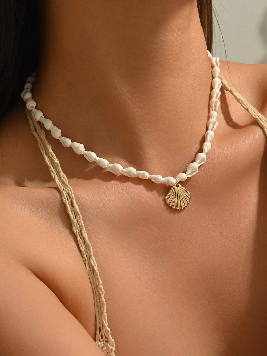1 chiếc vòng cổ hạt vỏ sò thủ công, vòng cổ mặt dây chuyền vỏ sò, vỏ sò biển, vòng cổ bện mặt dây chuyền vỏ sò kiểu đại dương, vòng cổ kiểu Châu Âu và Mỹ. - trắng - Xem 1