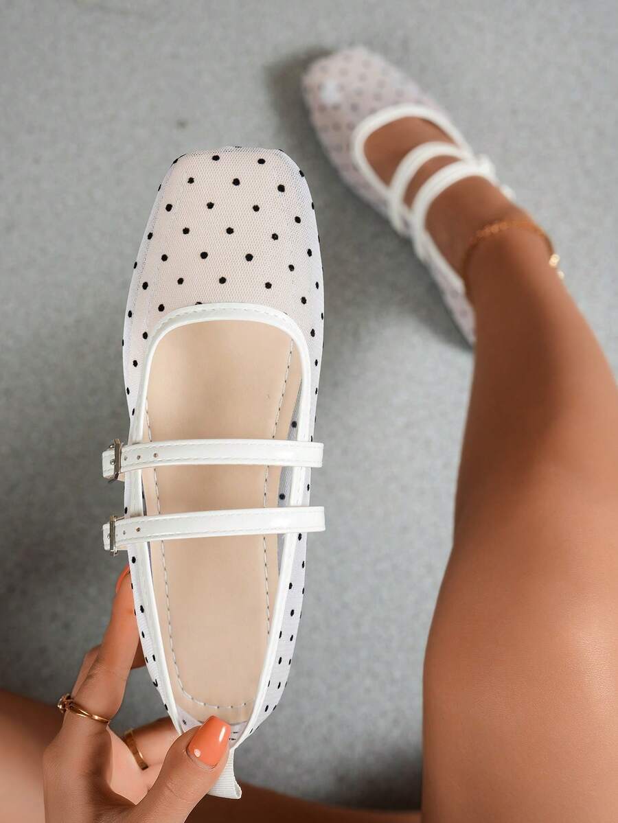 波点蕾丝网面平底鞋，镂空透气时尚玛丽珍芭蕾舞鞋，细带搭扣，休闲百搭通勤鞋，温柔优雅，适合夏季，网面鞋 - 白色圓點 - 查看 1