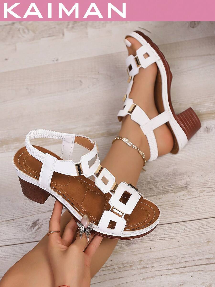 1 Đôi sandal cao gót thời trang mới dành cho nữ, họa tiết hình học, chất liệu da PU, thiết kế khoét rỗng và đính đinh tán, thích hợp cho kỳ nghỉ hè, đế platform.