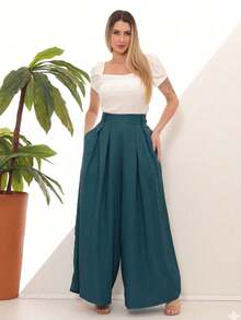 Women's Wide Leg High Waist Wide Leg Pants - Teal Blue - View 1