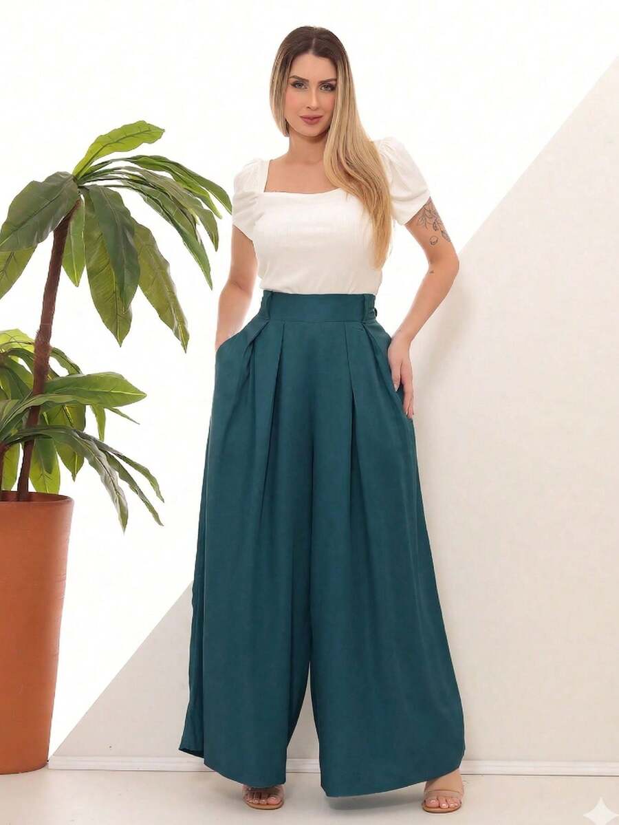 Women's Wide Leg High Waist Wide Leg Pants - Teal Blue - View 1