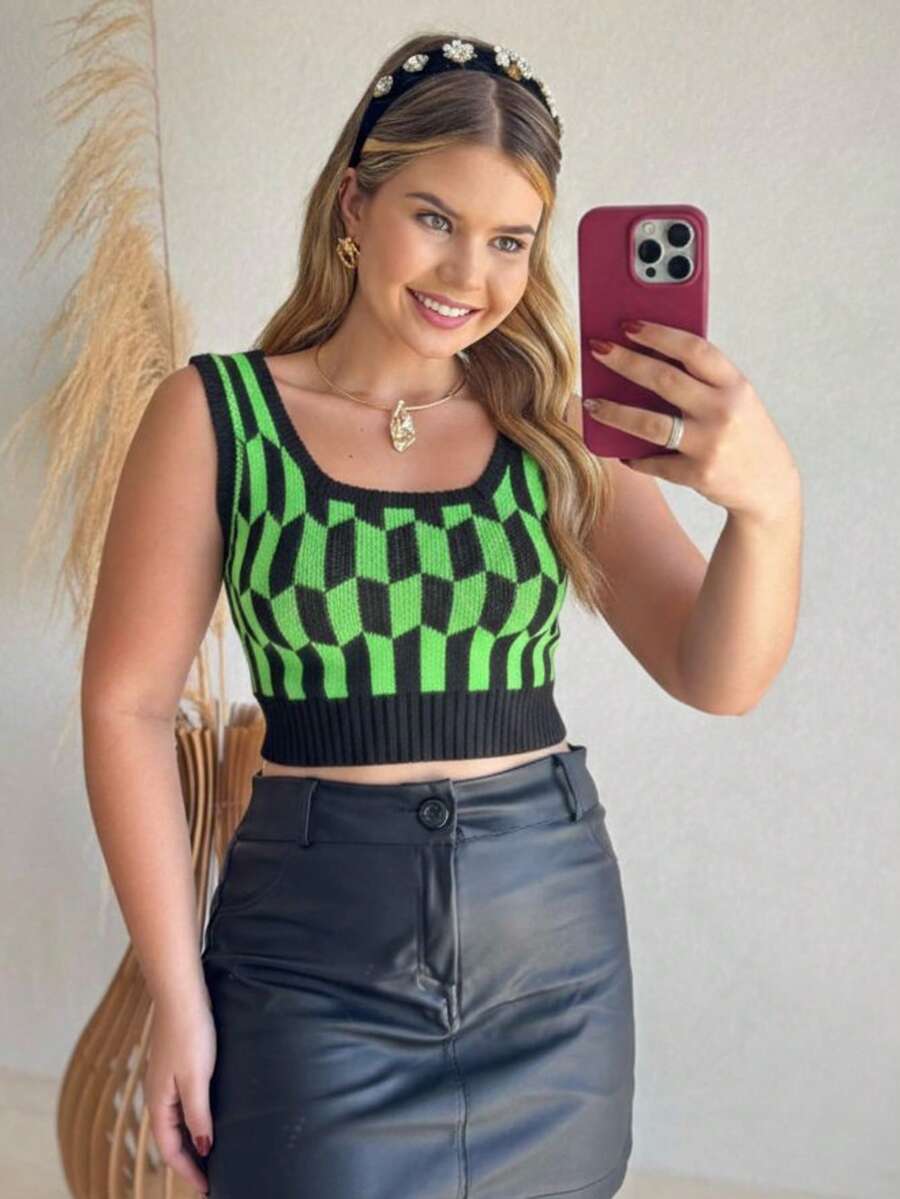 Women's Cropped Knit Top With Diamond Check Print, Casual Summer Style, Comfortable, GREEN - 綠色 - 查看 1