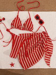 Conjunto de bikini de 3 piezas a rayas para mujer 2026, diseño de cuello halter, atado a los lados, cubre con malla, traje de baño casual y lindo con espalda descubierta para el Día de San Valentín, vacaciones de primavera/verano en la playa - Café integral - Ver 3