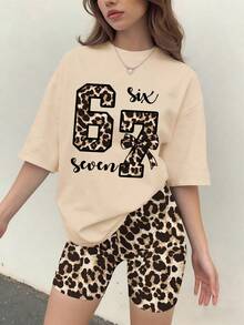 2件組女孩街頭風套裝，豹紋數字「67」與「Six Seven」口號印花T恤搭配全身豹紋印花短褲，寬鬆舒適休閒穿搭 - 杏色 - 查看 8