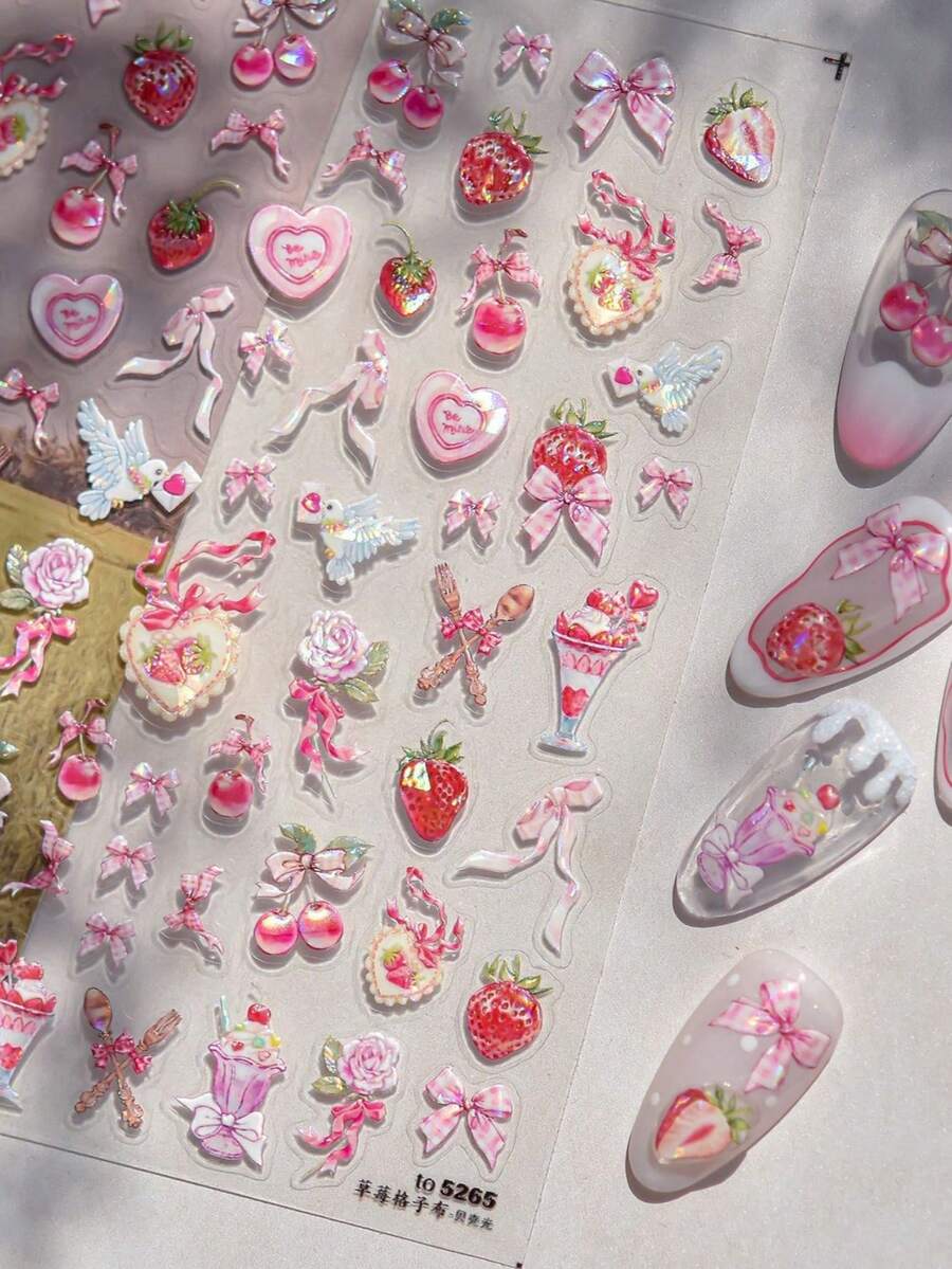 1pc 5D Japanese Style Pink Heart & Butterfly Nail Art Stickers, Shiny Letter Cute Self-Adhesive Nail Decor Tools Accessories - Multicolor - View 1