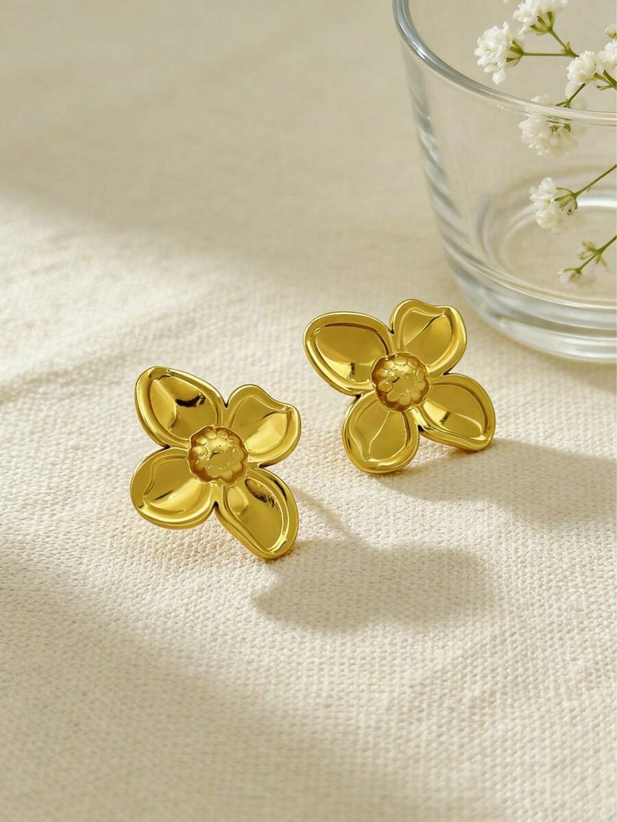 1 Pair Stainless Steel Gold Square Design Earrings, Minimalist Asymmetric Earring Set, Suitable For Women's Daily Wear And Party - 2pcs Cornus Officinalis - View 1