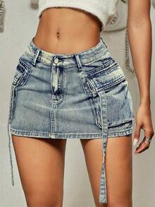 Y2K Vintage Camouflage Print Flap Pocket Drawstring Waist Denim Mini Skirt Casual Summer - 藍色2 - 查看 2
