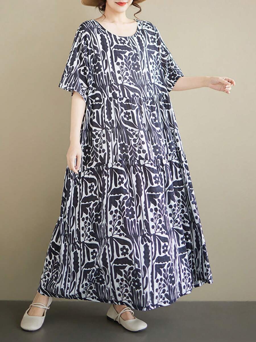 2026 大码女装夏季波西米亚风印花长裙，带口袋，短袖圆领休闲长款连衣裙，休闲长款梭织面料连衣裙，适合夏季度假。女装夏季长款连衣裙，蓬松连衣裙，褶皱连衣裙，适合日常穿着，可作睡衣，黑色优雅款。 - 黑色 - 查看 1