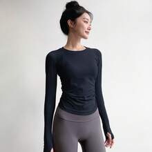 新作スリムフィットヨガトップス、女性用ラウンドネック、タイトフィットスポーツ長袖、ランニング速乾性ピラティストレーニングフィットネスウェア - ミスティブルー - チェックする 9