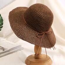 女士大檐遮阳帽，清新韩风草帽，多功能沙滩旅行防晒帽 - 鹿皮絨帶平針草帽 - 查看 16