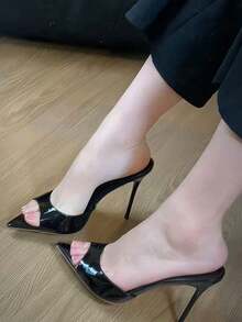Giày sandal cao gót mũi nhọn gợi cảm, dép hở mũi một quai bằng da bóng, giày cao gót thanh lịch, sang trọng, ôm sát dành cho nữ. - màu đen - Xem 3