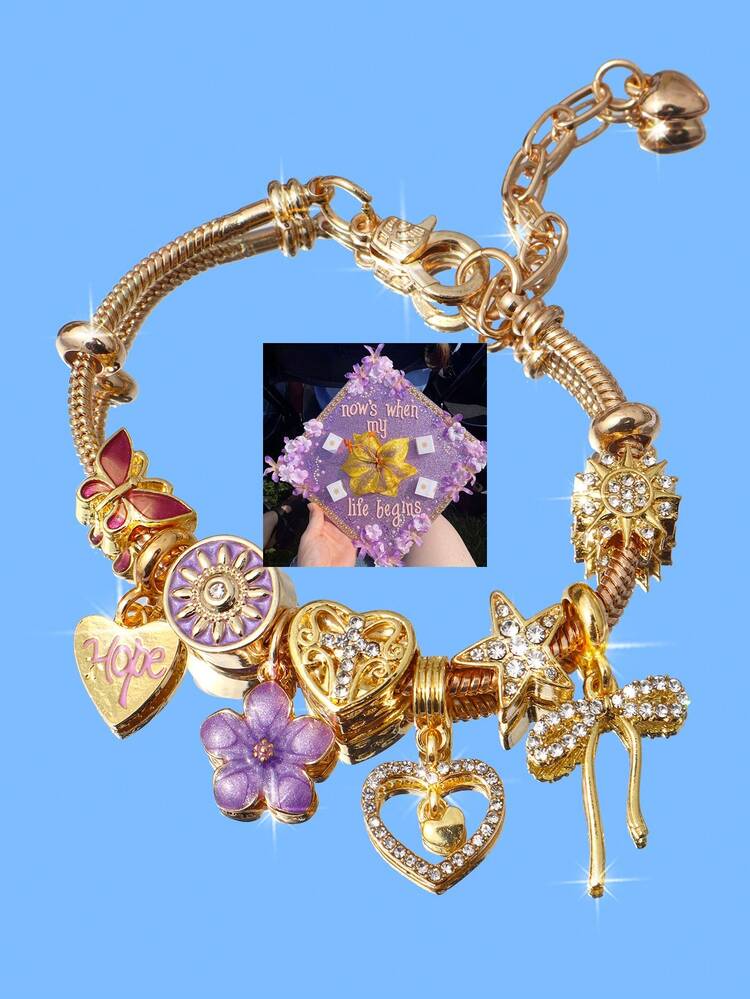 1pc Purple Sakura Sunflower Charm Bracelet, 1pc Heart HOPE Slogan Bow Bracelet, 1pc Starfish Butterfly Animal Bracelet, 1pc Heart Cross Bracelet - Gold - View 2