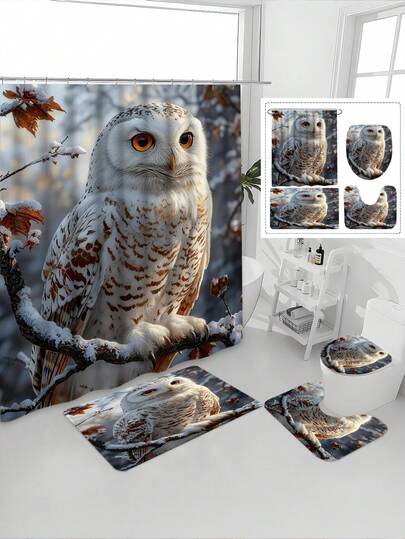 1/4pcs Winter Wild Animal Print Waterproof Bathroom Curtain Set, Tranquil & Healing, Waterproof & Mildew Resistant, Thick Polyester, No Drill Installation, Anti-Slip Mat, Absorbent Toilet Pad, Digital Printing, Fade Resistant, Machine Washable, All Season, Holiday Limited Edition