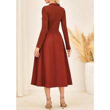 Kasin Women's Fall Long Sleeve Midi Dress 2025 Casual Polo V Neck Ribbed Knit A Line Flowy Work Dresses With Pockets - Red - View 4