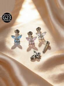 1pc G23 Titanium Internally Threaded 1.0/1.2 Piercing Earring With Butterfly Zirconia Stone, Multi-Color, Suitable For Women's Daily Wear - Butterfly - View 2