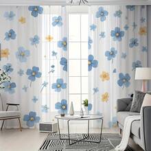 2pcs/Set New Fresh Blue And Yellow Floral Sheer Curtains, Suitable For Gifts And Wedding Decor, Fit For Bedroom, Living Room, Kitchen, Cafe, Dining Room, Balcony And Partition Space. Ideal For Christmas And New Year Holiday Decoration, Elegant Home Decor All Season, Available In Multiple Sizes - Multicolor - View 9