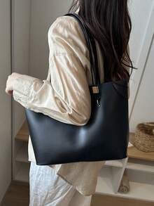 New Arrival Solid Color Luxury Minimalist Versatile Women Shoulder Tote Bag - Black - View 5