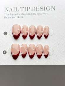 10 Stücke rein handgefertigte Press-On Nagelspitzen, kurze Mandelform Press-On Kunstnägel, handbemalte weinrote French Nails mit Nude-Basis, dekoriert mit winzigen weißen Perlen, geeignet für den täglichen Gebrauch für Frauen und Mädchen, inklusive komplettem Nagelset - Verschiedenfarbig - Übersicht 3