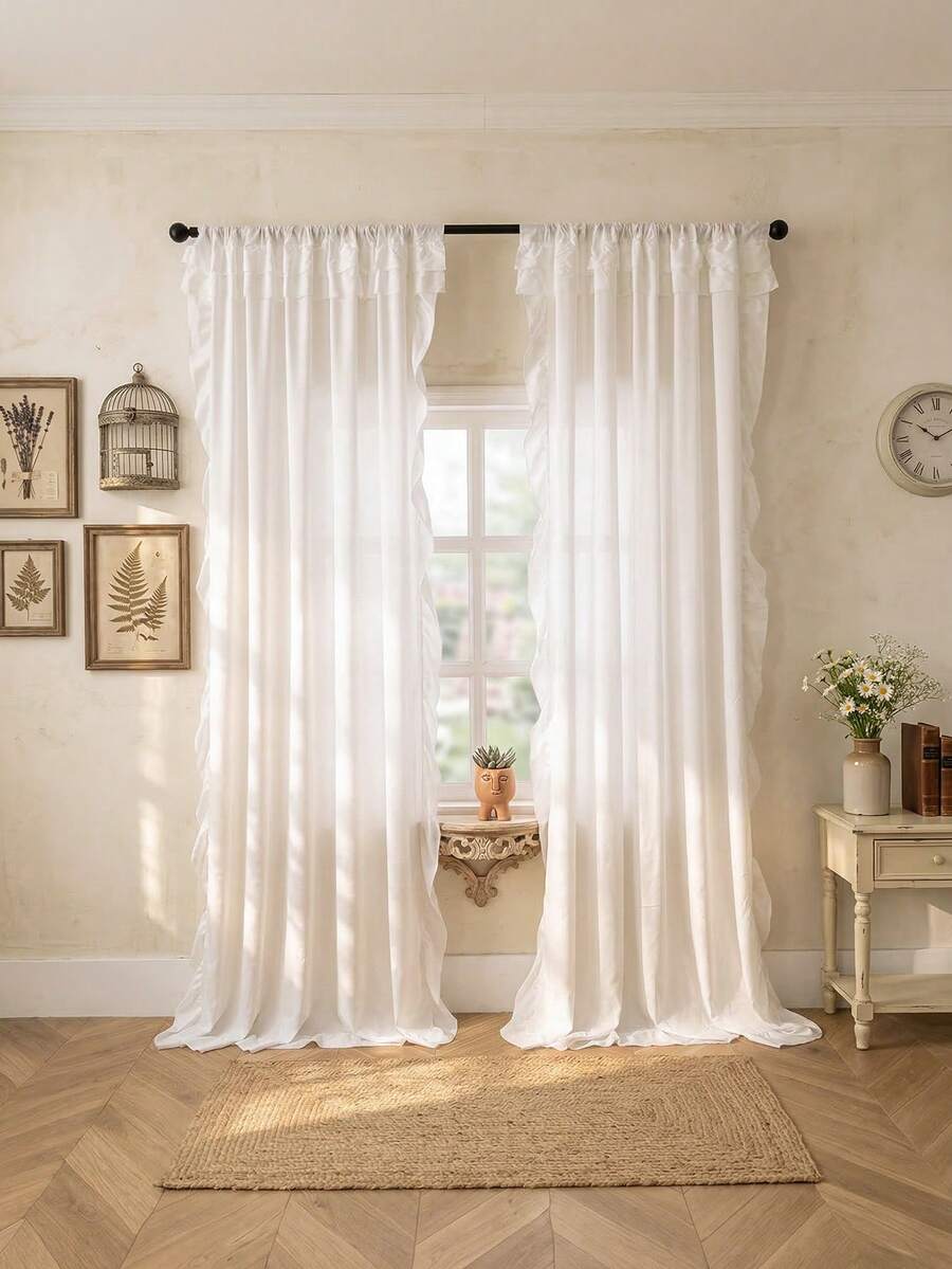 1 pieza Cortina de terciopelo semitransparente con borde de volantes, cortina ligera y suave de unicolor semiopacos de lujo nórdica con borde de volantes, adecuada para sala de estar, dormitorio, fiesta, decoración del hogar en días festivos - Blanco - Ver 1