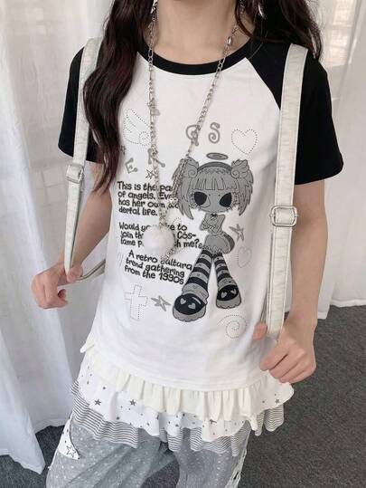 女士夏季新款休闲Y2K卡通印花圆领插肩袖撞色纯色短袖T恤 白色