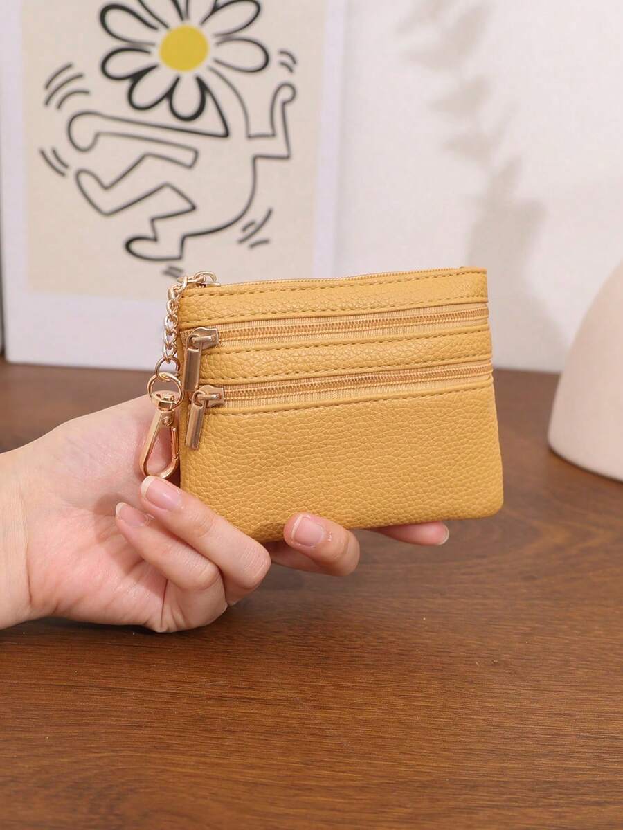 女士迷你多层零钱包，荔枝纹理，带挂钩卡零钱包 - 黃色 - 查看 1