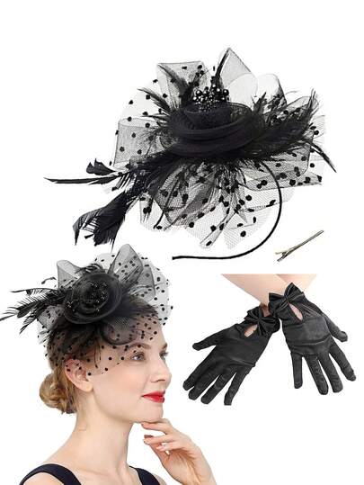 2件套 Forever & Moment 1950年代女士仿珍珠花朵发箍、歌剧蝴蝶结短手套，适合茶会、化装舞会、单身派对、毕业舞会、音乐节、婚礼及送礼等场合的服装配饰