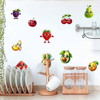 1/2pcsFruitVegetable Theme PVC Wall Sticker Happy Face Potato Pepper Pea Decal Self Adhesive Removable For Kitchen Cabinets Tiles Dining Area Home Interior Decoration DIY Art