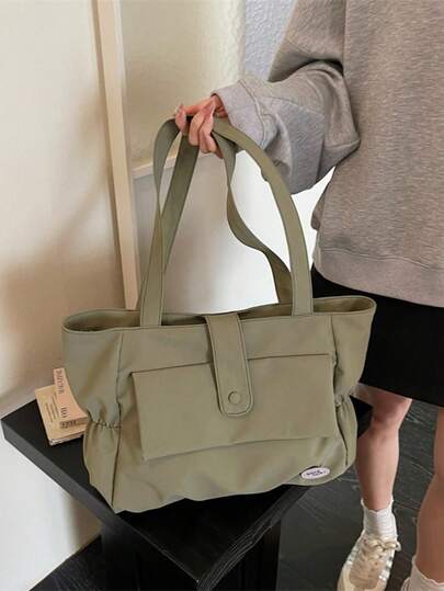 1 pieza Bolso de hombro minimalista de nailon beige con pliegues laterales de gran capacidad y parte superior abierta para el trabajo y la escuela