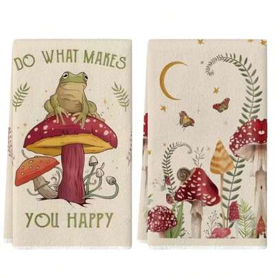 2pcs Frog & Mushroom Printed Kitchen Towels, Green Frog & Red Mushroom Pattern, Super Absorbent Kitchen Dish Cloths, Drying Rags, Cleaning Cloths, Soft & Durable Material, Decorative Items, Gifts For Family And Friends, Suitable For Cooking, Baking, Cleaning, Bathroom, Dining Table Decor - Perfect Home Decor Choice.