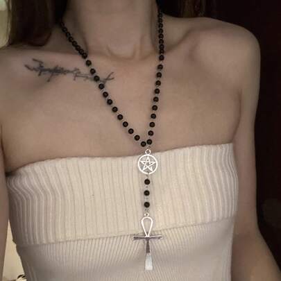 1pc Gothic Ankh Cross Necklace, Women Black Bead Pentagram Pendant Long Chain, Y2K Aesthetic Ankh Cross Black Bead Choker, Dark Academia Style Jewelry Suitable For Daily Wear, Gift