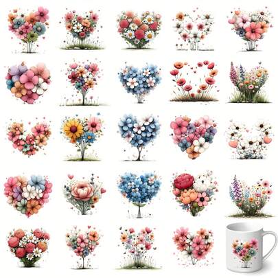 24 Sheets/Set Of Whimsical Floral Heart Spring-Themed UV Transfer Stickers - Suitable For Crafts, Mugs, Laptops, And Water Bottles, Self-Adhesive Plastic Decals, Mug Decorations, Laptop Stickers, Festive Decorations, Holiday Pattern Designs For Roller Skating And Cycling Cycling Stickers And Decals