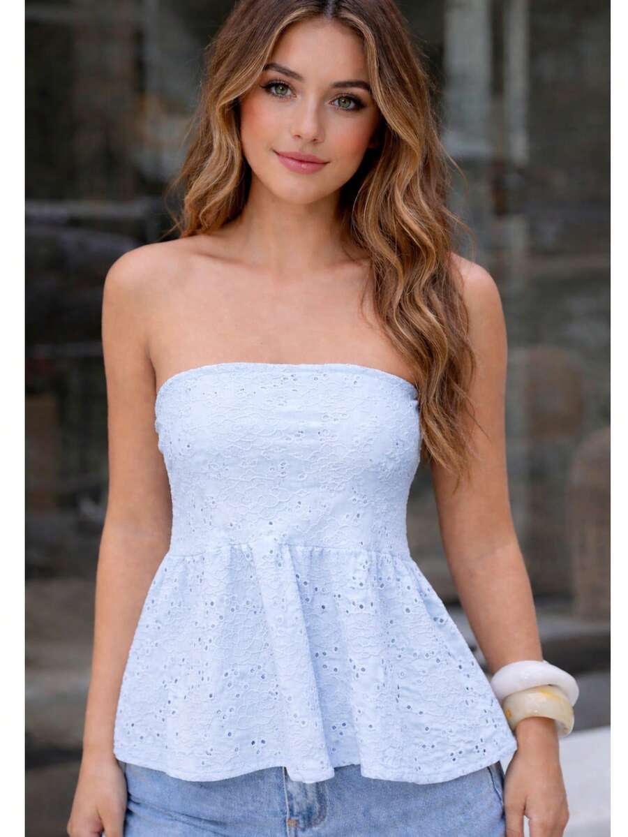 Strapless Peplum Blouse In Lace, Casual Chic Style - Baby Blue - View 1