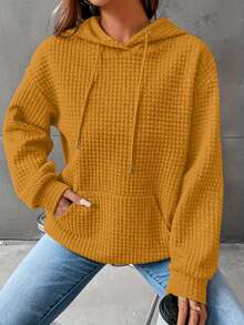 Must-Have For The New Year Plus-Size Solid Color Waffle Hoodie, Casual Pocket Drawstring Long-Sleeved Hooded Sweatshirt, Women's Plus-Size Clothing, Outdoor Sweatshirts, Local Warehouse Direct Delivery, Girls' Fashionable Tops Waffle-Knit Hoodie, Oversized Pullover Hooded Top Fabric Texture: Waffle-Knit Textured Fabric, Soft Warm Knit Material Design Details: Hood With Drawstring, Front Kangaroo Pocket, Ribbed Trim (Cuffs/Hem), Oversized Relaxed Fit Styling Style: Vibrant Casual Style, Daily Street Relaxed Vibe 3D Textured Fabric Layering Effect - Màu vàng - Xem 2