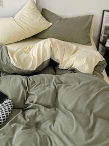 Bộ ga trải giường 3 món kiểu Bắc Âu đơn giản, phối màu trơn, chất liệu polyester, làm từ vải polyester. - Màu xanh Ô liu - Xem 4